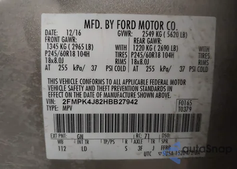 2017 Ford Edge Sel из США, поврежденный, VIN 2FMPK4J82HBB27942